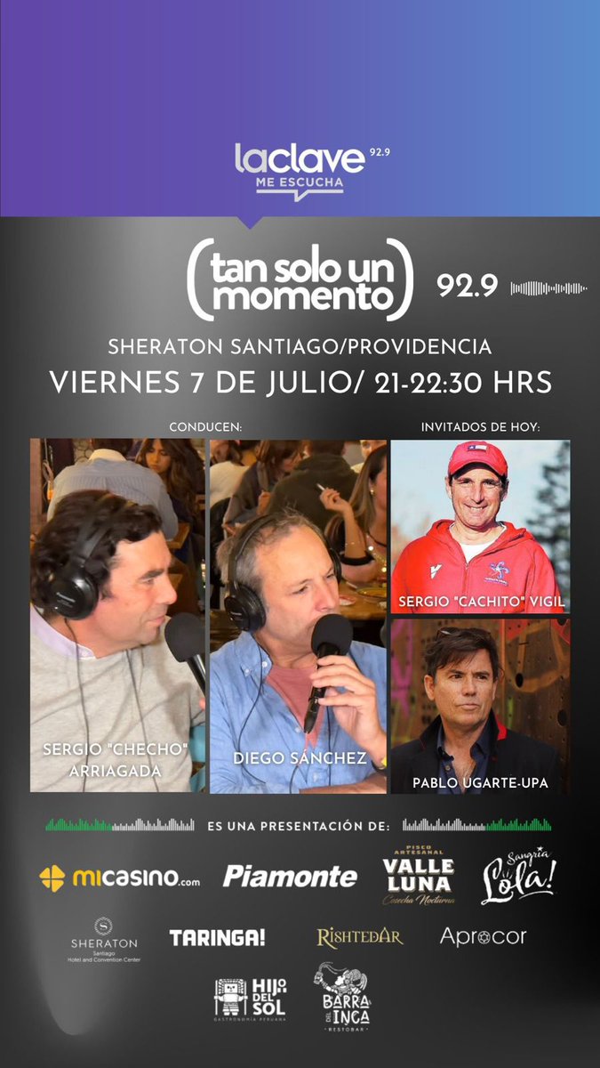 radiolaclave's tweet photo. Nos vemos a las 21 horas en "Tan solo un momento" desde @SheratonSCL junto a @DiegoSanchezJ y @chechoapes https://t.co/bApVKyIQdz
