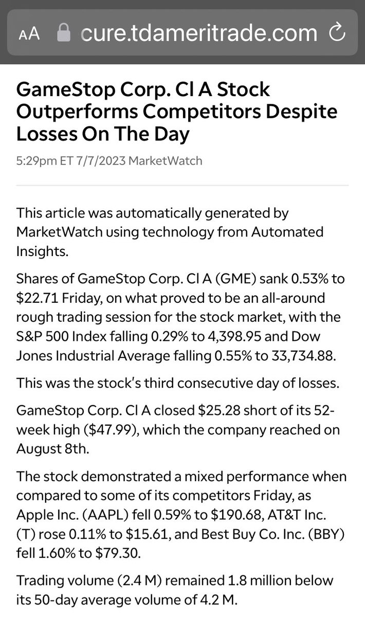 GameStop Corp. Cl A Stock Outperforms Competitors Despite Losses On The Day

$GME #GME https://t.co/TgzAdLKww1