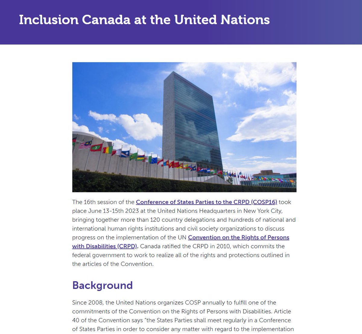 In June, delegates from Inclusion Canada &amp; partners attended, addressed &amp; presented at the UN #COSP16, an annual meeting to advance the work of the #CRPD. Now, we share insights and a summary of our attendance in our new blog.

Check it out: inclusioncanada.ca/2023/06/30/inc…