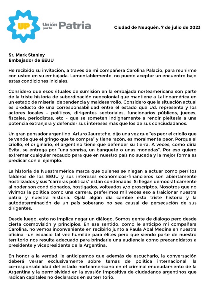 JuanGrabois's tweet photo. Recibimos la invitación @USAmbassadorARG  no vamos a ir a la embajada. Perritos falderos del poder, jamás. Una Argentina Humana es posible si tenemos conciencia de nuestra propia dignidad nacional. https://t.co/n64cj9Kd1f