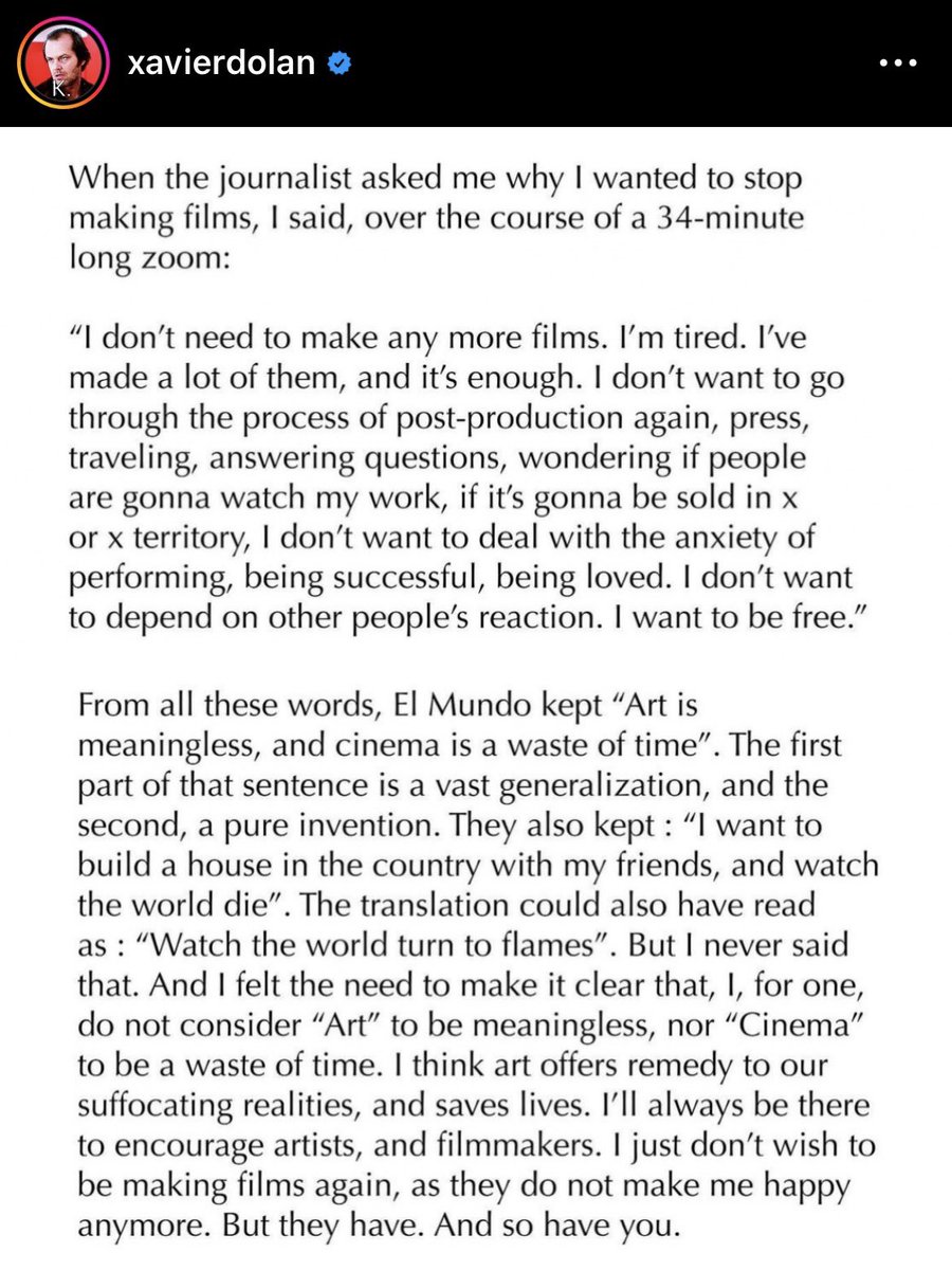 La nula ética periodística de El Mundo ha dado la vuelta al mundo. Xavier Dolan se ha visto obligado a explicar en IG que el titular “El arte es inútil y dedicarse al cine es una pérdida de tiempo” fue básicamente una invención. Sí es cierto que, por ahora, no hará más películas.