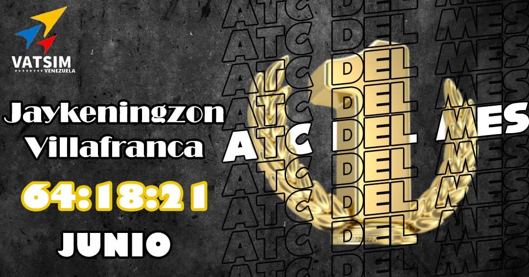 Queremos reconocer el esfuerzo de nuestros controladores. Por ello felicitamos a nuestros ATC DEL MES Junio por alcanzar el primer lugar en horas de control con un total de 64:18:21. Gracias <a href="/Jaykeningzon/">Jaykeningzon V.</a>