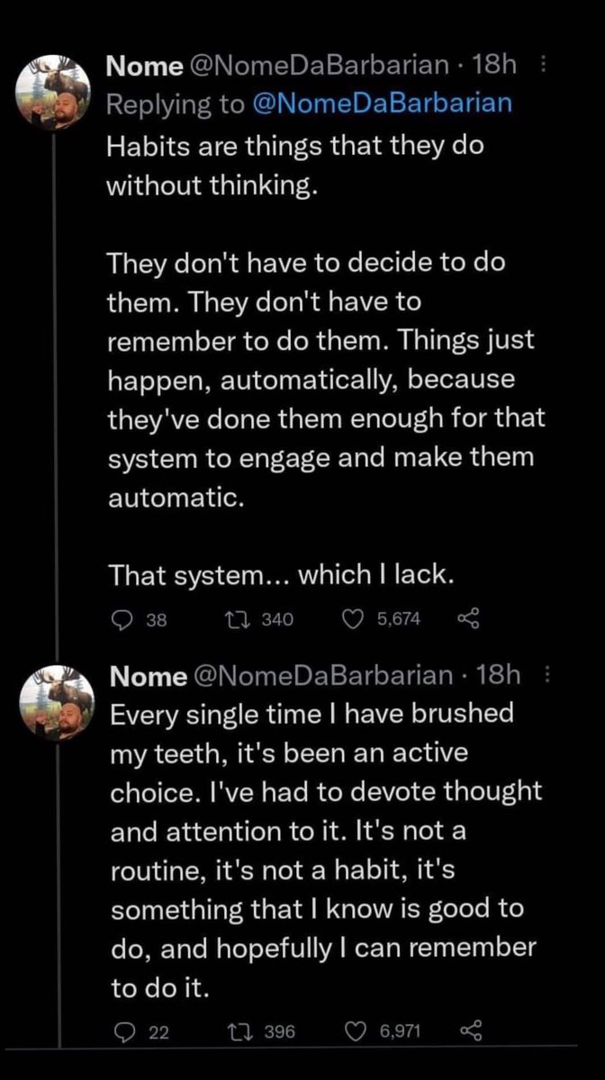 Just saw this thread by <a href="/NomeDaBarbarian/">Find Nome on Bluesky</a> posted on tiktok and CAN A NEUROTYPICAL PERSON CONFIRM BC WHAT?!? You mean you do things w/o actively making a new choice to do it every time you do it and you dont have to exert the same energy to make yourself do it every time?