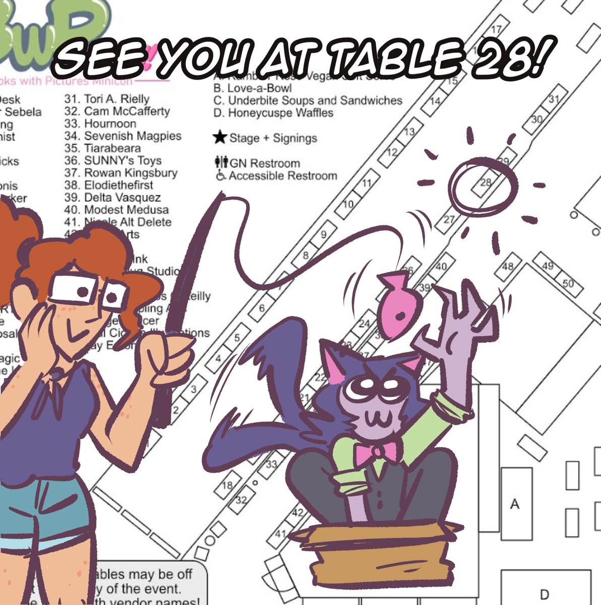 I'm gonna be at @bookswpictures BWPCon tomorrow! Come by from 10-7 and hang out with me and a ton of other awesome cartoonists!