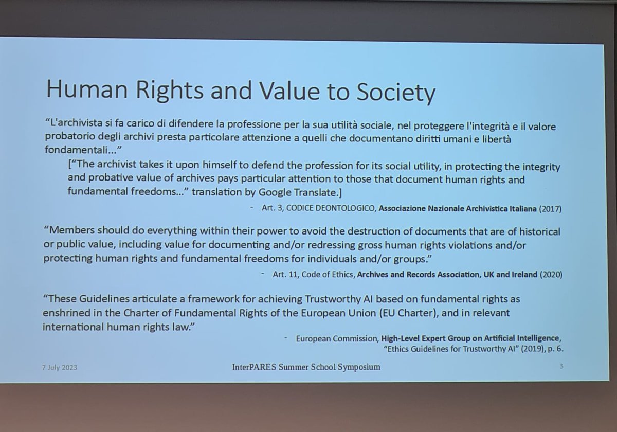 jonasferrigolo's tweet photo. "Clear values, murky responsibilities: considering the ethical pipeline of archival information and AI implementation"

Jim Suderman, City of Toronto (ret.)

InterPARES Summer School, San Benedetto del Tronto, Itália.

#interpares #arquivologia #archivalscience https://t.co/OaYQjlouTK