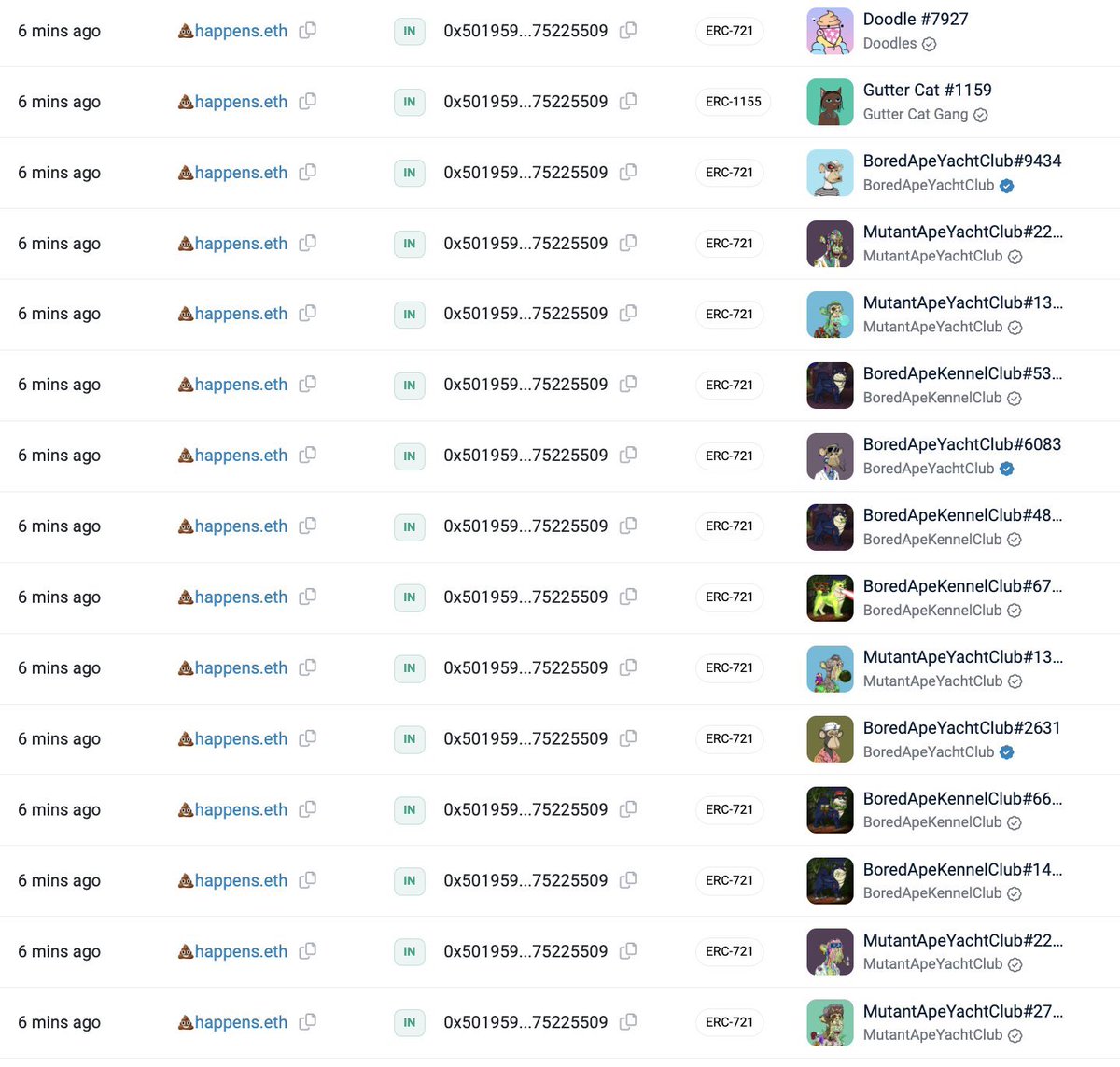 knveth's tweet photo. bro just got scammed for ~$700k worth jpegs 

and his ens is 💩happens.eth https://t.co/CacL9yQRIl