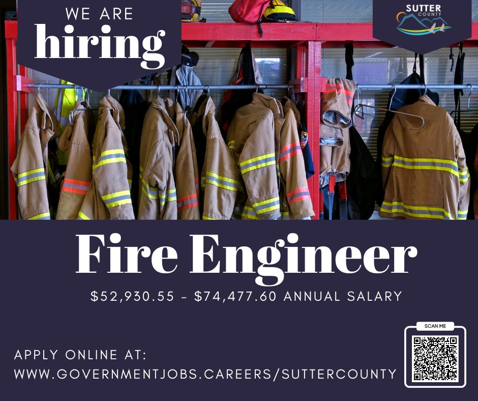 New Opportunity available at Sutter County!

We are looking to hire a Fire Engineer. 

Apply today: governmentjobs.com/careers/sutter…

#firefighters #firefighterjobs #firejobs
