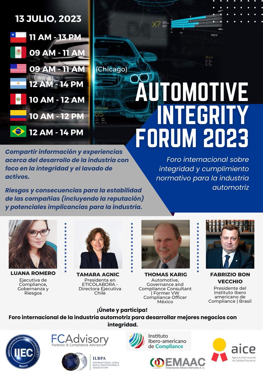 AUTOMOTIVE INTEGRITY FORUM 2023
Key Speakers: Thomas Karig, <a href="/AgnicTamara/">Tamara Agnic</a>, Luana Romero. Mesa de análisis internacional: @fbonvecchioFabrizio, <a href="/GustavoIIEC/">Gustavo Martinez Mancera 🇲🇽</a>  y Pablo Alfaro
<a href="/ilbpaorg/">International Legal Bar &Professionals Association</a>  AICE ETICOLABORA <a href="/ConsejoCC/">Consejo Comunicación</a> @FCAdvisory – Instituto Ibero-Americano de Compliance <a href="/Emaac_oficial/">EMAAC</a>