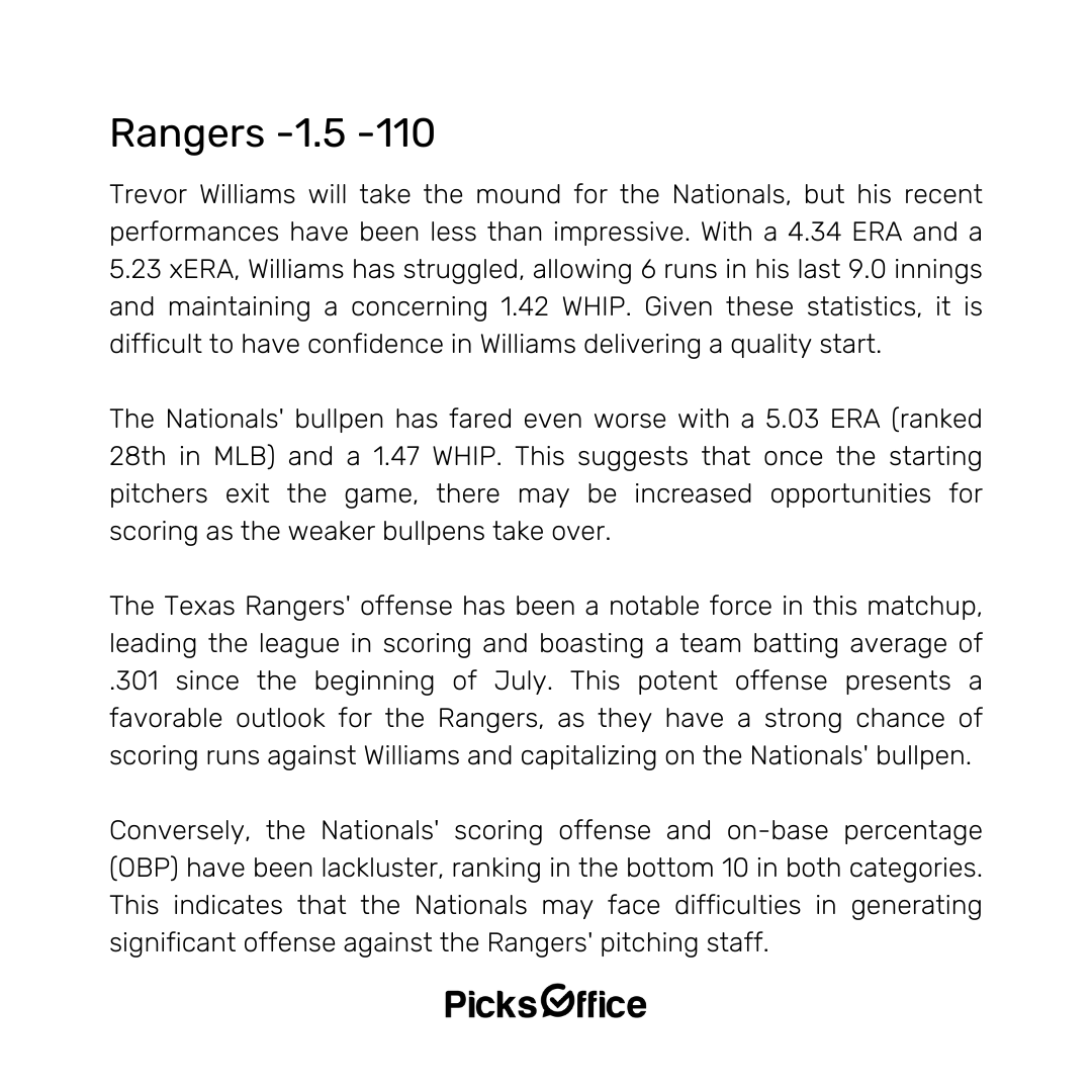 Picks Office on Twitter "MLB Rangers Nationals Rangers 1.5 110 /