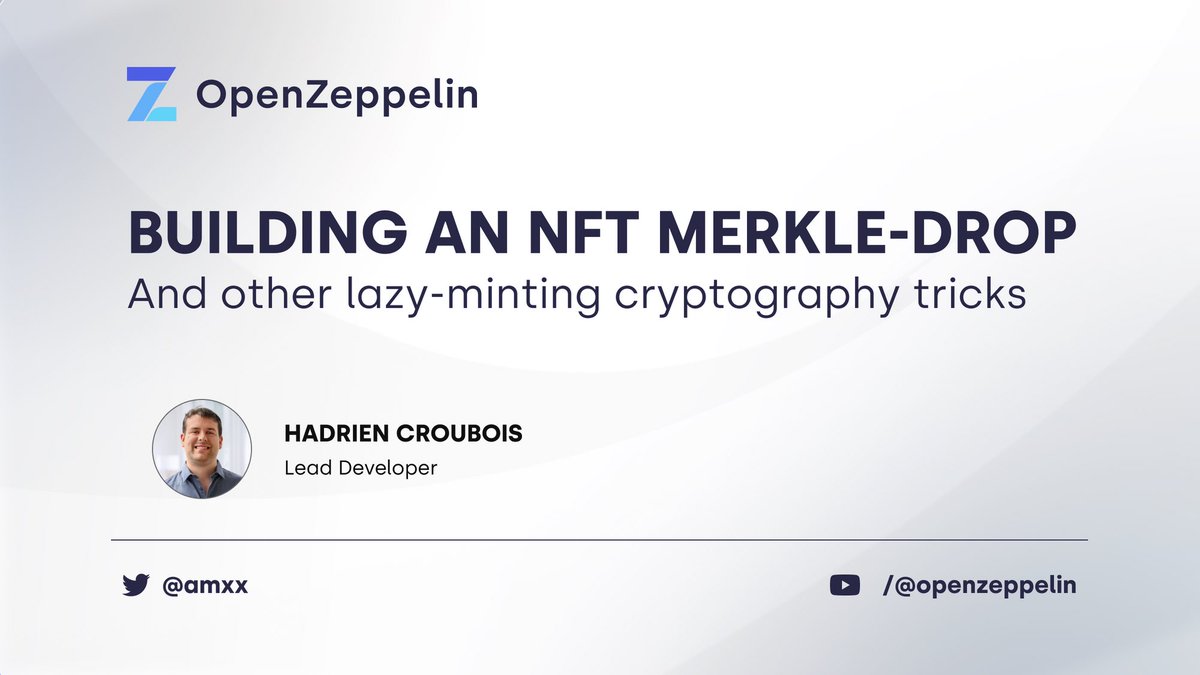OpenZeppelin's tweet photo. Building an NFT Airdrop with Merkle-Trees 🌳

Within the video by @Amxx:

🔏 ECDSA signatures generation and verification
🖊️ ERC712 signatures generation and verification
🌲 Merkle-tree generation and usage
🖼️ ERC721 minting

🎥: https://t.co/kfZbfbaBiE https://t.co/DA8rp2JYMQ