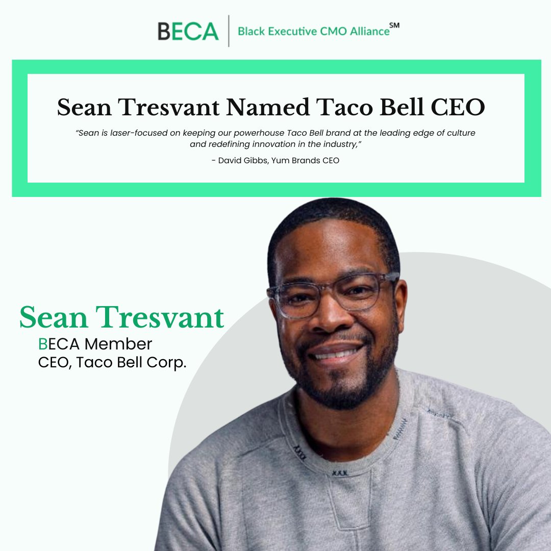 TheOfficialBECA's tweet photo. Join us in congratulating BECA Member Sean Tresvant on becoming CEO of Taco Bell. We're proud to celebrate his appointment as one of the few Black CEOs in the restaurant industry. This achievement speaks to his talent and dedication.
#BECA #SeanTresvant #BECAstrong https://t.co/3v1ILoc8dn
