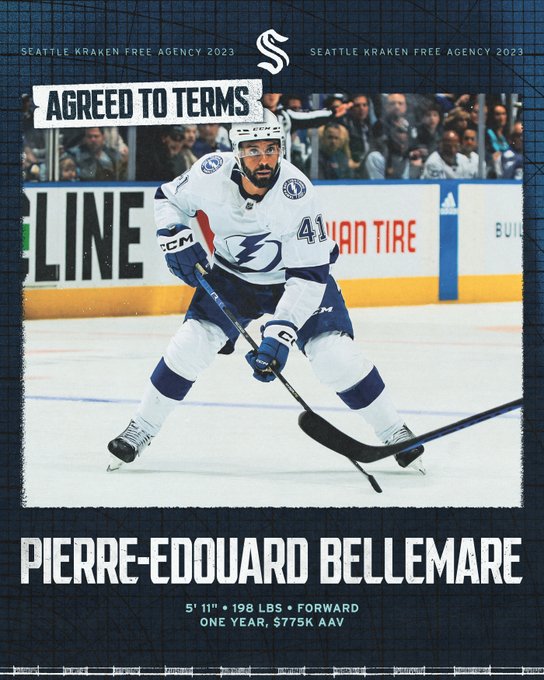 Kraken Free Agency Graphic with a dark blue textured background. White text reads agreed to terms with Pierre-Edouard Bellemare. Light blue text notes his height, weight, forward and contract details (one-year contract, $775k AAV)