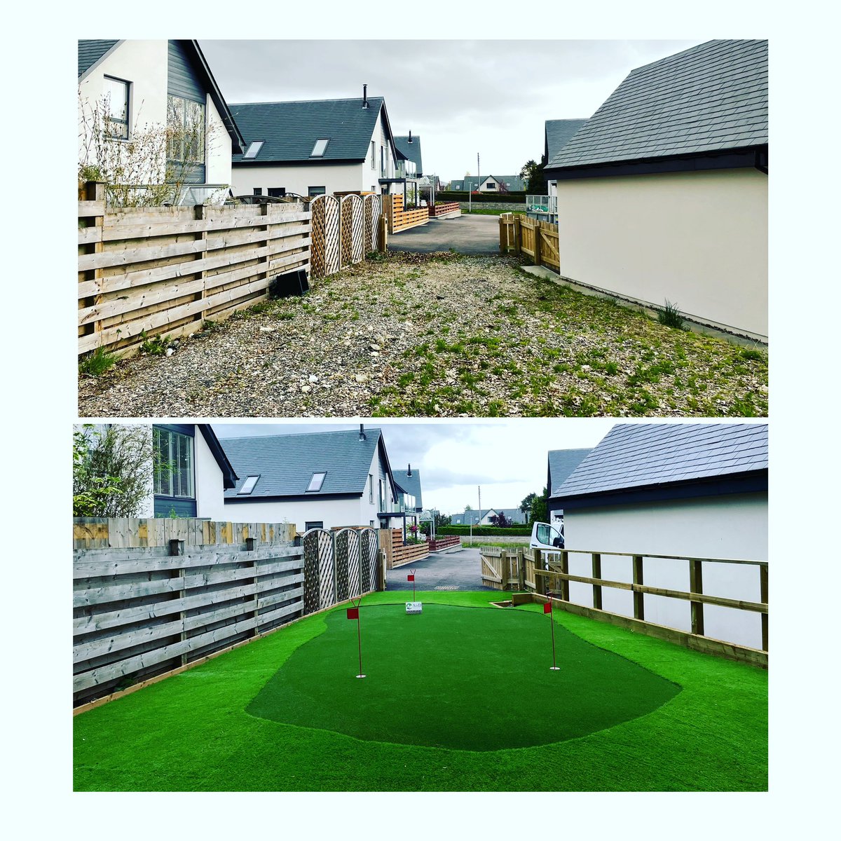 aanddgardens's tweet photo. Before &amp; after: Artificial putting green and chipping area installed for a customer in Newtonmore with 3 holes. Grass from @toncamflooringinteriors and @mkm_aviemore for timber. ⛳️ https://t.co/kzJkAr3dTz