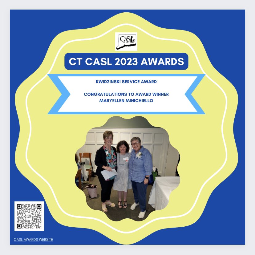 ctcasl's tweet photo. Congratulations to the @ctcasl 2023 Kwidzinski Service Award winner MaryEllen Minichiello for making an outstanding contribution to CASL! @aasl #ctlibraries @MsThomBookitis @technojohnson @jluss @ljbh35 @valdilorenzo @JohnReadLibrary @AGoodLibrarian @SCSU @mini5888 @KateMCandido https://t.co/TnQTNleAkH
