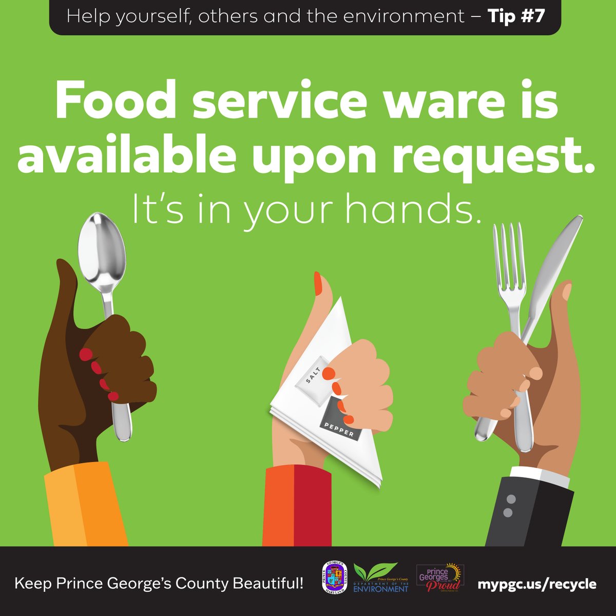 PGCSprout's tweet photo. CB-014-2022, or Food service ware legislation applies to food service businesses in the County. Keep our County clean by only requesting the needed food ware item. It��s in your hands! https://t.co/DqmTvHrYlX.

For more tips on how to #recycleright, visit https://t.co/4VkPu0VOM7. https://t.co/dBBwcKfOov