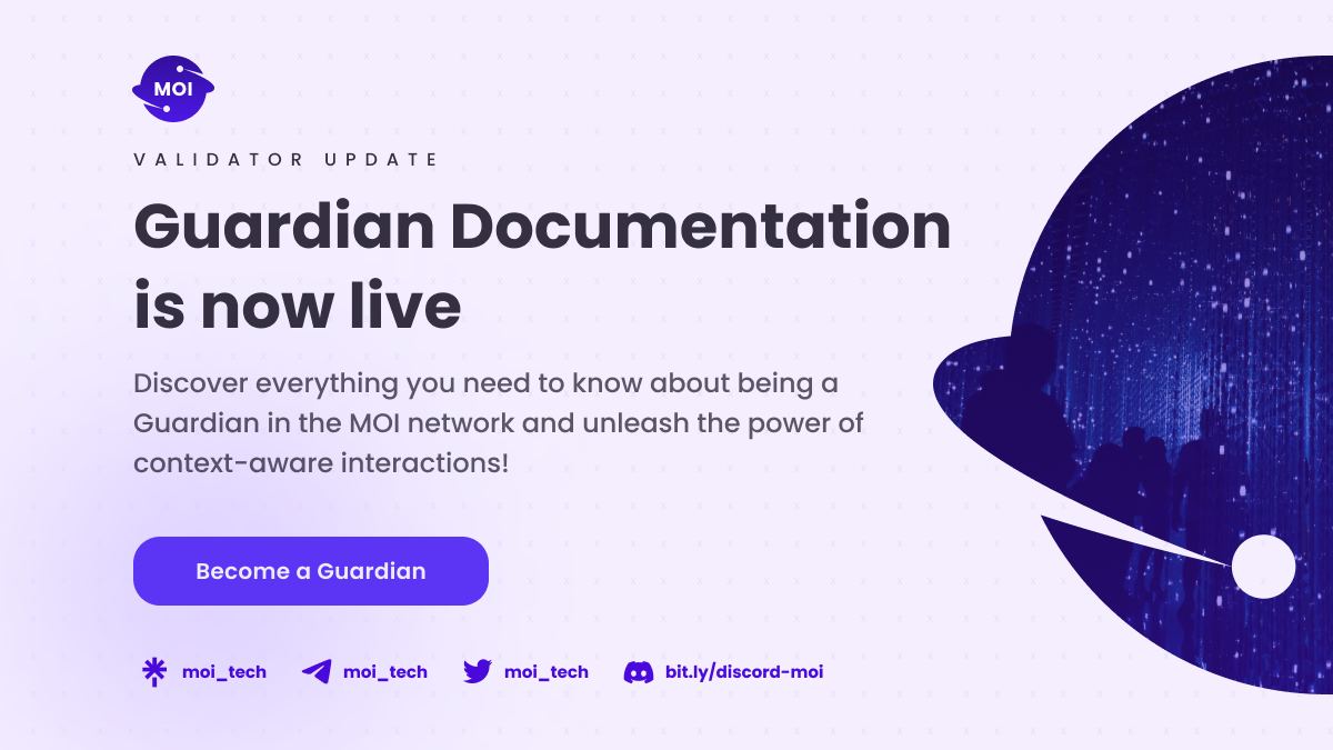 crypto_pranav's tweet photo. Be updated, be educated and be ready to adopt new technologies. 

In order to things to know what is @MOI_Tech 's #Gaurdian, here is the complete documentation.

Lets have a deep dive to setting up a #GuardianNode : https://t.co/ca90NJWYNx
and a blog post: https://t.co/RilVJ60HJ0 https://t.co/PI12dDlGDe