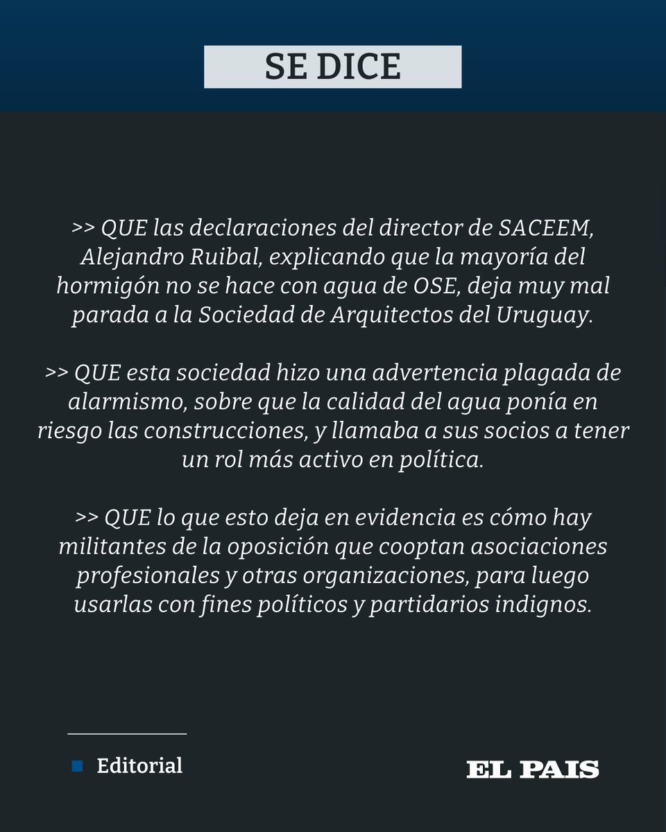 elpaisuyopinion's tweet photo. Las declaraciones del director de SACEEM, Alejandro Ruibal, explicando que la mayoría del hormigón no se hace con agua de OSE, deja muy mal parada a la Sociedad de Arquitectos del Uruguay. https://t.co/Xt4hOhEmip