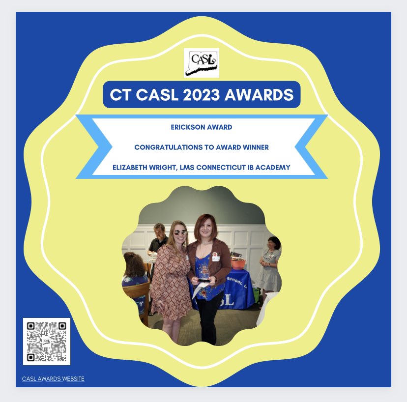 ctcasl's tweet photo. Congratulations to the @ctcasl 2023 Erickson Award winner Elizabeth Wright for making an auspicious beginning in media services! @aasl #ctlibraries @MsThomBookitis @technojohnson @jluss @ljbh35 @valdilorenzo @JohnReadLibrary @AGoodLibrarian @KateMCandido https://t.co/n0HXojq3Rn