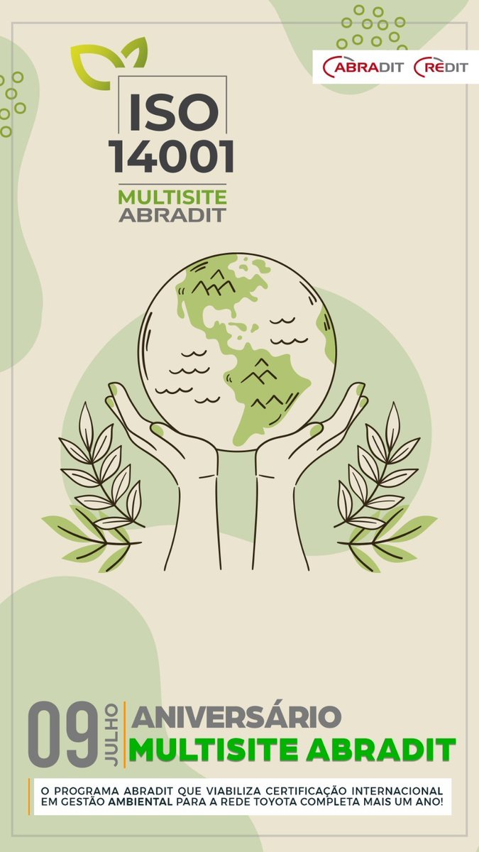 ABRADIT2's tweet photo. 9 de Julho - Aniversário do Multisite ABRADIT O Programa ABRADIT que viabiliza certificação internacional em gestão ambiental para a Rede Toyota completa mais um ano! https://t.co/zxhYeQkcfU