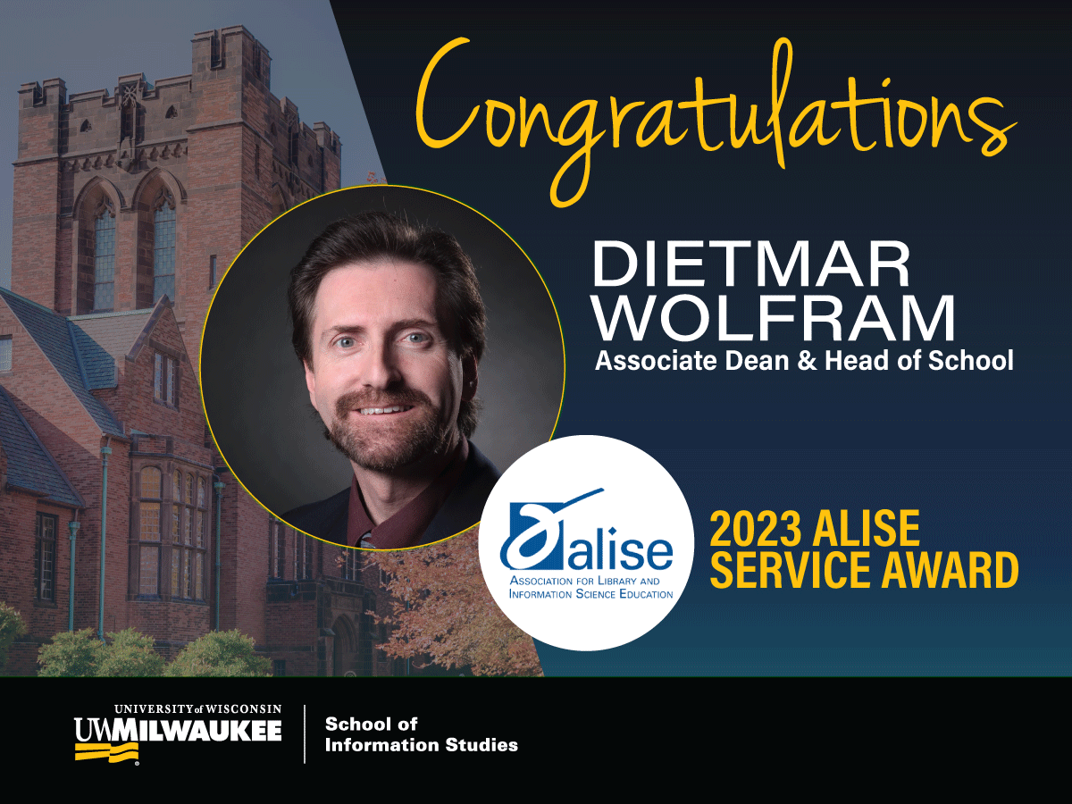 uwmsois's tweet photo. Congratulations to @uwmsois Associate Dean &amp; Head of School, Dietmar Wolfram on receiving the ALISE: Association for Library and Information Science... 2023 Service Award!
https://t.co/hDlI5HQ47s 
#uwm #UWMiSchool #PantherProud https://t.co/tvT2cdYLo4