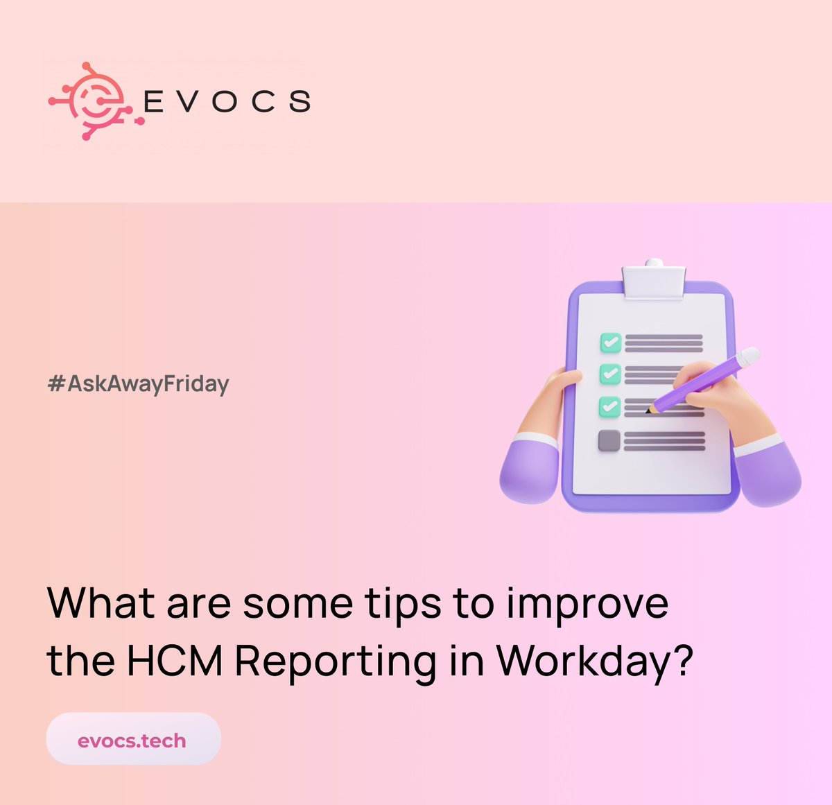 evocs_tech's tweet photo. We are back with #AskAwayFriday

You asked, @evocs_tech answered!💯

📊What are some tips to improve the HCM Reporting in #Workday?
Read here 🔗https://t.co/GS2f6GN4Qy

#workdayhcm #workdayimplementation #hr #hrcommunity #workdayconsultant #workdaycommunity #hcm #askevocs https://t.co/qVhgcOfog2