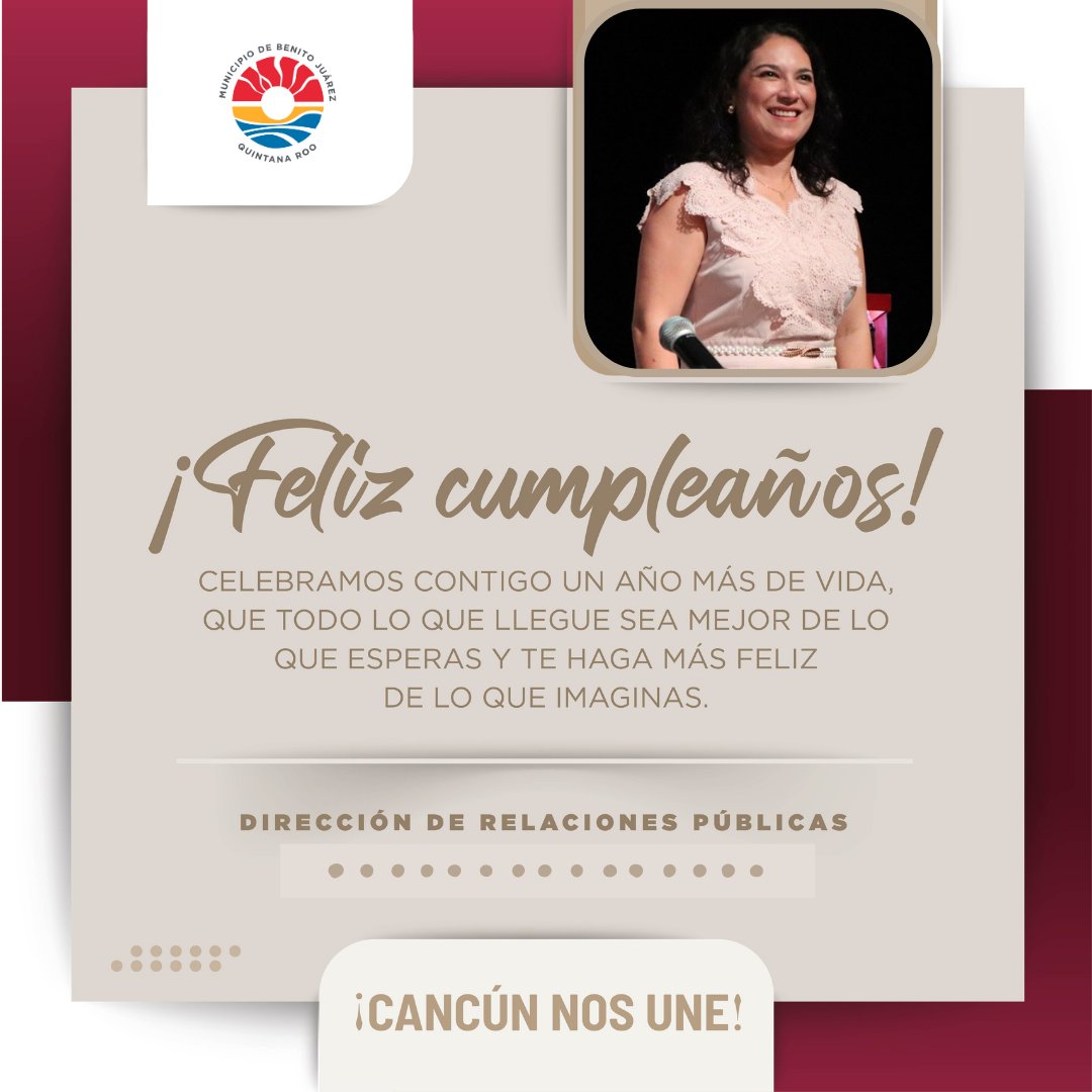 ¡Feliz Cumpleaños! de parte de todo el equipo de #RelacionesPúblicas queremos enviar con mucho cariño un enorme abrazo a nuestra querida directora <a href="/auroraaguilarr5/">Aurora Aguilar</a>  con motivo de su cumpleaños, deseamos que tenga salud y amor! 🎂
#CancúnNosUne 🤝