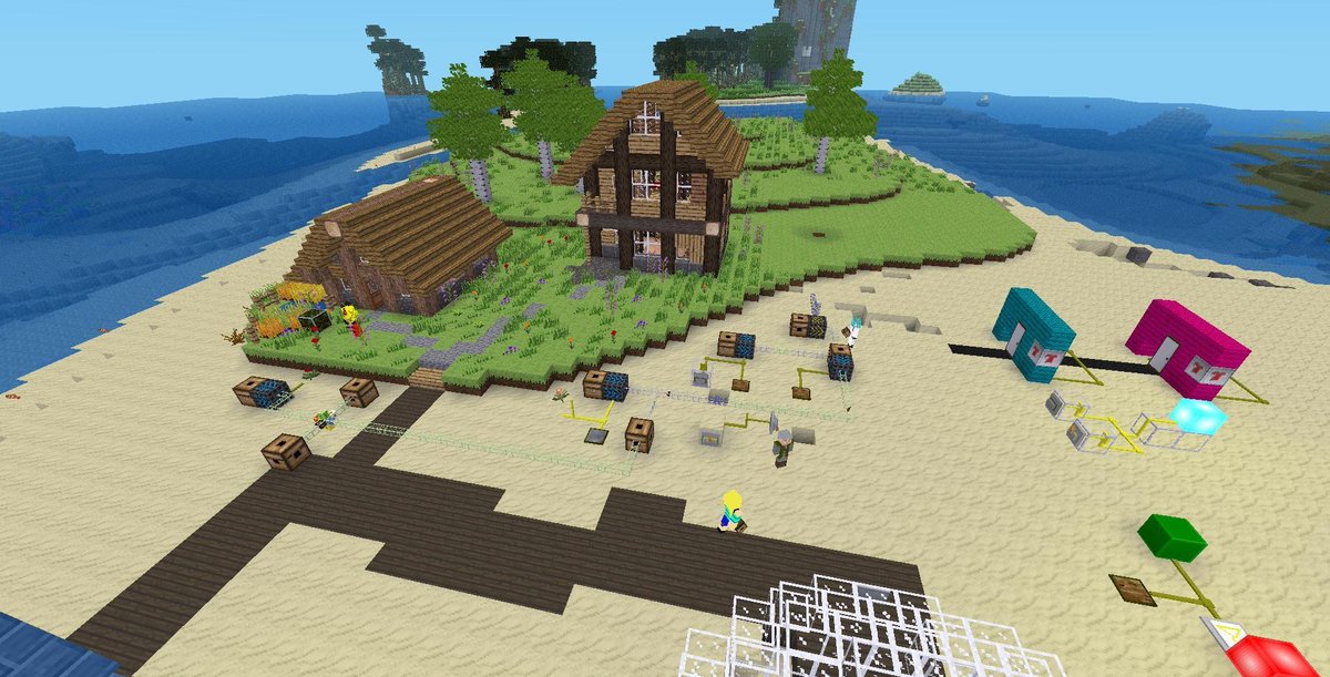 petiteprof79's tweet photo. 🍽Live beim #BLOCKALOTLab Edu: Die Teilnehmenden helfen gerade im #Minetest-Fischerdorf, das von sinkender Fischnachfrage geplagt ist, eine alternative Essensproduktion für eine kommunale Essensausgabe mit #Mesecons &amp; #Pipeworks zu starten🥗Wir sind gespannt #twlz #edubw @lmz_bw https://t.co/z8p0qVfEdE