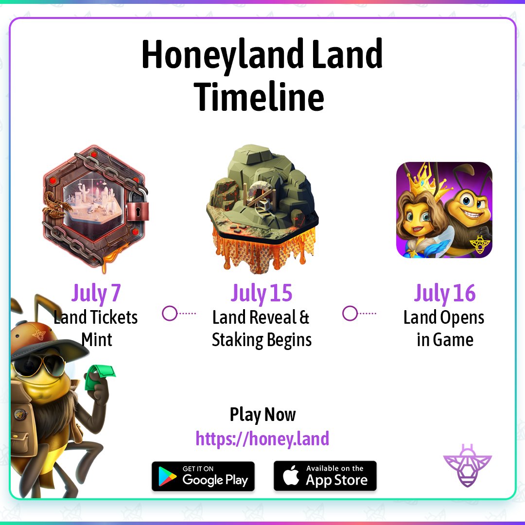 HoneylandHQ's tweet photo. Here's what to expect with your new lands. 

July 7: Land tickets mint
July 15: Land reveal &amp; staking begins
July 16: Universe 1 opens up and all staked lands become playable! https://t.co/Yw4JOOIxiH