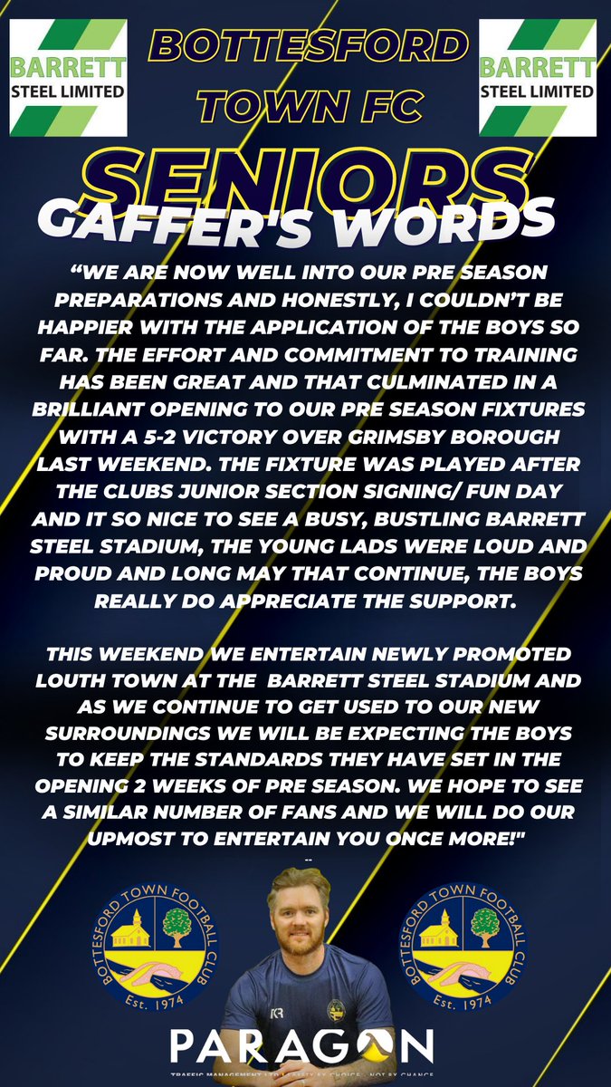 The gaffer gives his thoughts on last weeks game and he's view ahead of tomorrow's game against Louth Town FC with a 3pm k/o. The u15's start the day of football with a 9:30am k/o, the Dev squad follow with a 11:45am k/o. Look forward to seeing you at the Barrett Steel Stadium.