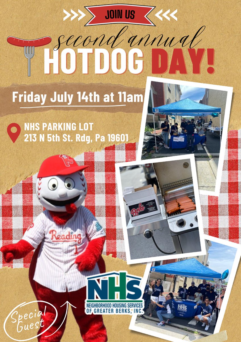 📣 Join us for an exciting and delicious event at NHS! 🌭🎉

🗓️  Friday, July 14th at 11 AM as we celebrate "Hot Dog Day" with a very special guest: The amazing Reading Fightin Phils' Screwball mascot! 🤩

📍 Location: NHS parking lot, 213 N 5th St., Rdg, PA 19601.