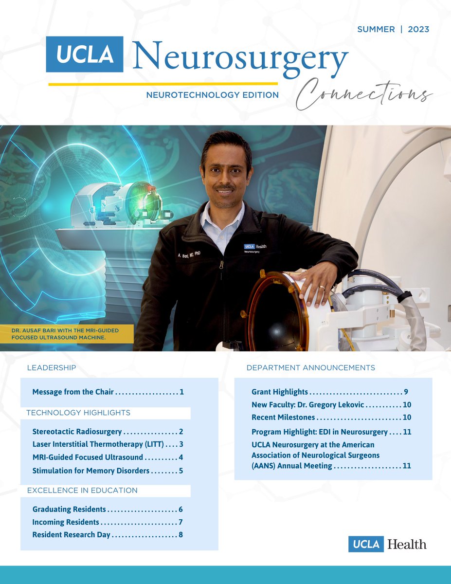 We just released our Summer 2023 Neurosurgery Connections Newsletter! The newsletter highlights research by Dr. Won Kim @inspired_brain, Dr. Richard Everson, Dr. Ausaf Bari @ausaf, & Dr. Itzhak Fried @ItzhakFried. Read here: uclahealth.org/sites/default/… #Neurosurgery #Neurotechnology