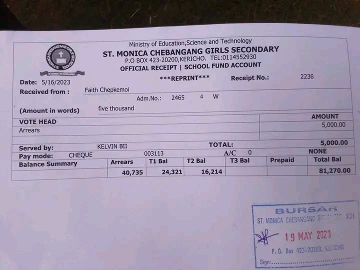 LennyBrighton1's tweet photo. We have today cleared the school fees of Faith Chepkemoi, a Form 4 student at St Monica Chebang'ang Girls who was at home following a fee balance of Ksh. 81,270. She has reported to school. Also thanks to the office of W.Rep for coming through to pay half of the fees. 
Lapaa Taa https://t.co/368B0rVLsJ