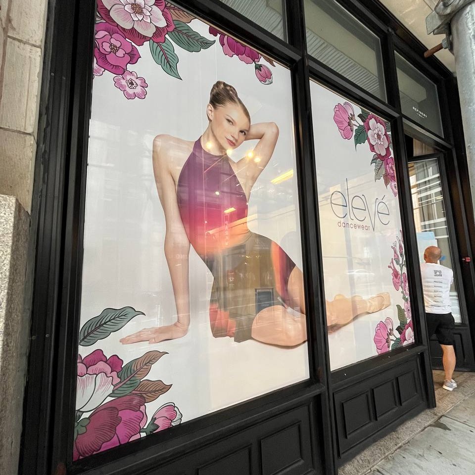 Printleaf's tweet photo. ✨ We are thrilled to share our recent installation of Perforated Window Decals and Vinyl Lettering at Eleve, the premier dancewear retail store located on 38th street, Manhattan, NYC! 🩰🏢
#PerforatedWindowDecals #VinylLettering #RetailStorefront #BrandVisibility https://t.co/4rffLncnBJ