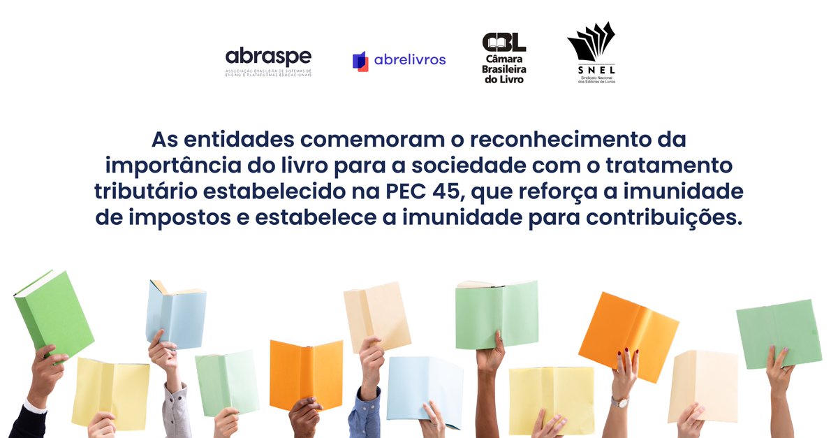As entidades do livro Abraspe, Abrelivros, CBL e SNEL comemoram a inclusão da imunidade de impostos e contribuições sobre o livro na PEC da reforma tributária, aprovada na data de ontem, na Câmara dos Deputados. Agora, o texto segue para o Senado.

Siga o fio 👇