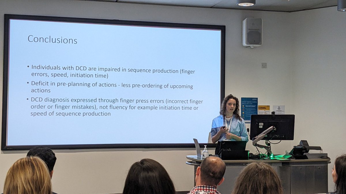 KatjaKornysheva's tweet photo. Helena @HelenaPWright reporting new behavioural results on the planning of rapid movement sequences from memory in #DCD #dyspraxia at the @DCD_UK_2023 conference. @TheCHBH @UoB_SoP @acmedsci funded @DYSPRAXIAFDTN Proud supervisor moment! https://t.co/74Bp6Gbu5o