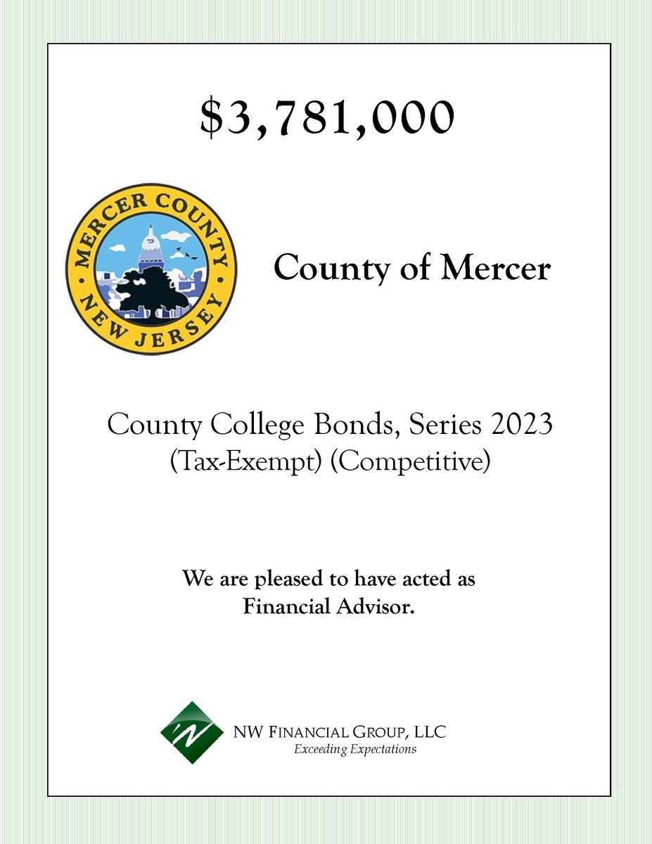 NW Financial served as Financial Advisor to the County of Mercer on the following bond transaction which closed on June 29, 2023.

 #financialadvisor #financialconsulting #municipalfinance #nwfinancial #countyofmercer #camdencountynj #mercercounty #mercercountynj #newjersey