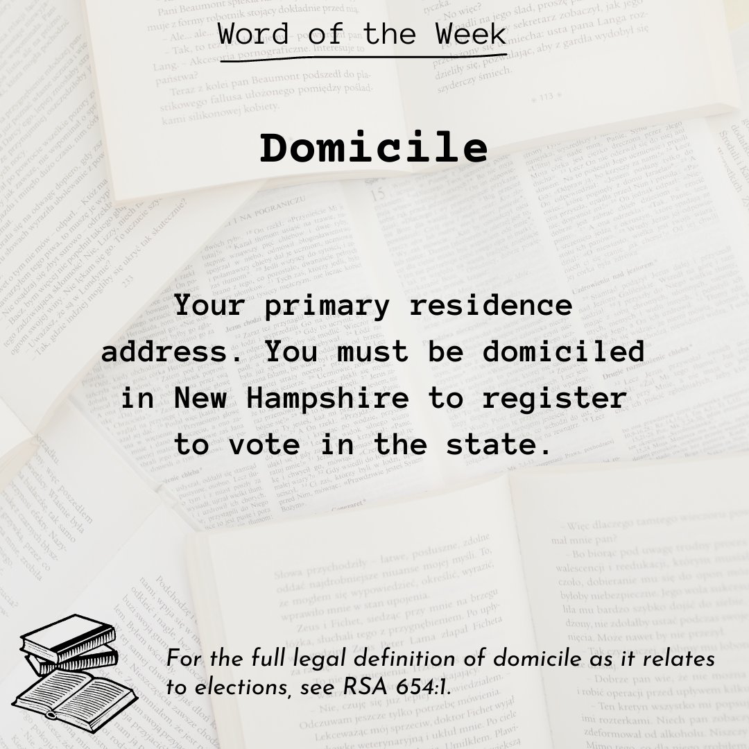 Word of the Week

Domicile – your primary address. You must be domiciled in New Hampshire to register to vote.

For the full legal definition of domicile as it relates to elections, see RSA 654:1. https://t.co/kjqIeAvJpI