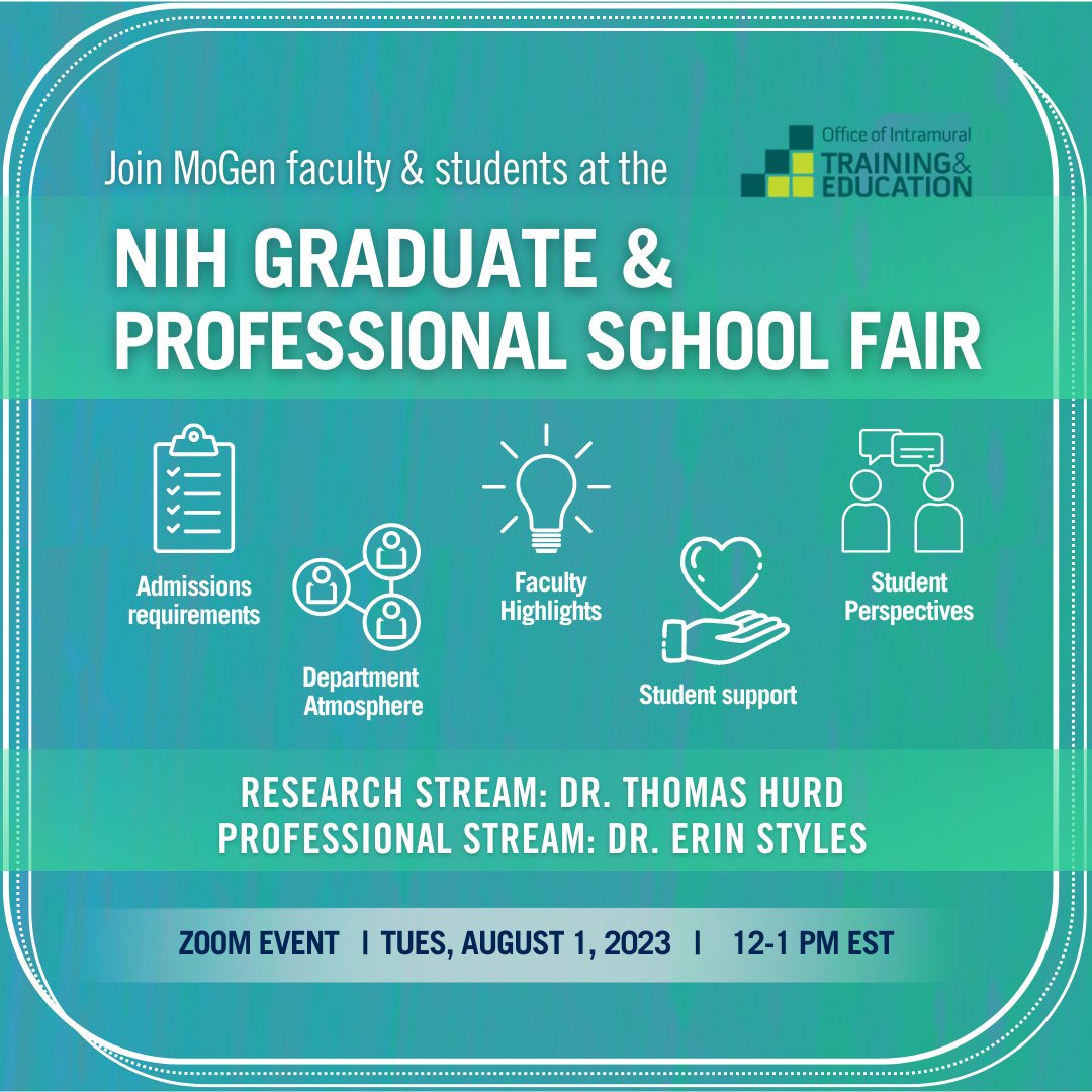 Attention prospective students! @NIH is holding a MoGen hour Aug 1 where you can learn more about the Medical Genomics MHSc program!
Register: eventbrite.ca/e/mogen-hour-a…

#prospectivestudents #medicalgenomics #moleculargenetics #gradschool #UofT #NIH