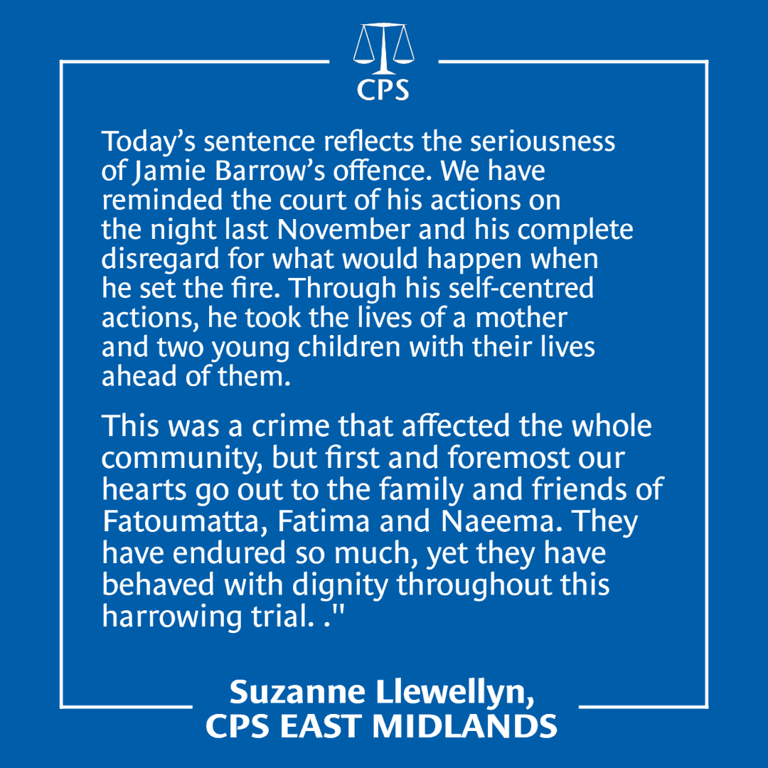 CPSEastMids's tweet photo. ⚖️JAILED: Jamie Barrow sentenced to life imprisonment with a 44-year minimum term for the murder of Fatoumatta Hydara and her children Fatima and Naeema by setting a fire in their flat in Clifton, Nottingham⬇️
➡️https://t.co/D3LhDJhxEb https://t.co/nWiITbrQrB