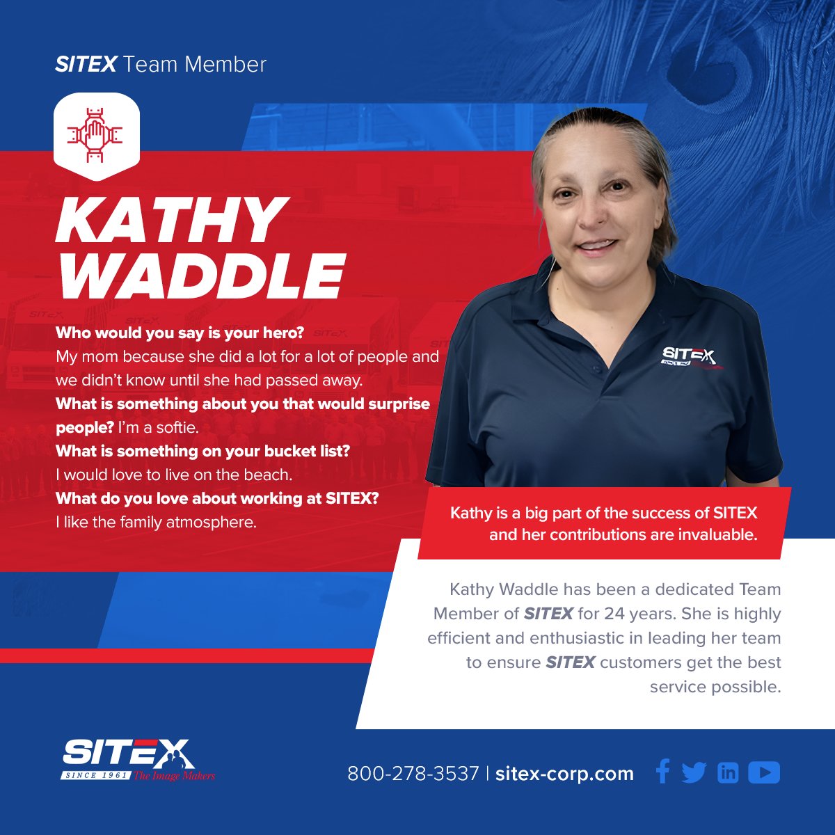 SITEXCorp's tweet photo. Meet Team Member Kathy! She's been an invaluable member of the SITEX family for 24 years. Thank you for everything you do! ❤️💙 https://t.co/D4mrNRzZ4m