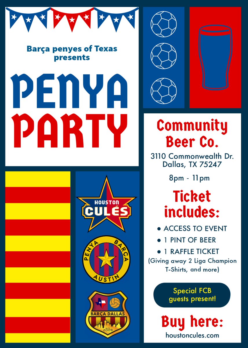 FCBPenyaATX's tweet photo. Austin Culers! If you're heading to Dallas for El Clásico, and will be arriving on Friday, the 28th, follow the link below and click on the "Penya Party" button for info about and tickets to the event that night! There may even be a special guest!

https://t.co/Y7Hn9NlXlU https://t.co/zulvzU33zj