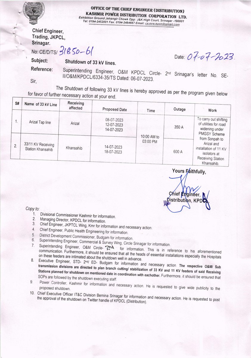 kpdcloffice's tweet photo. Power Shutdown Notice for 33kV Lines of KPDCL.
@diprjk https://t.co/LZgPEzzraY