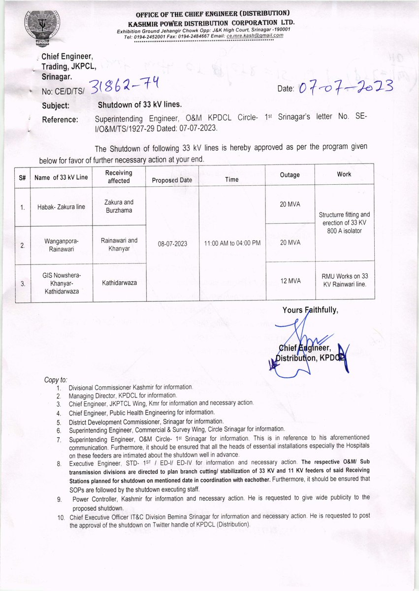 kpdcloffice's tweet photo. Power Shutdown Notice for 33kV Lines of KPDCL.
@diprjk https://t.co/LZgPEzzraY