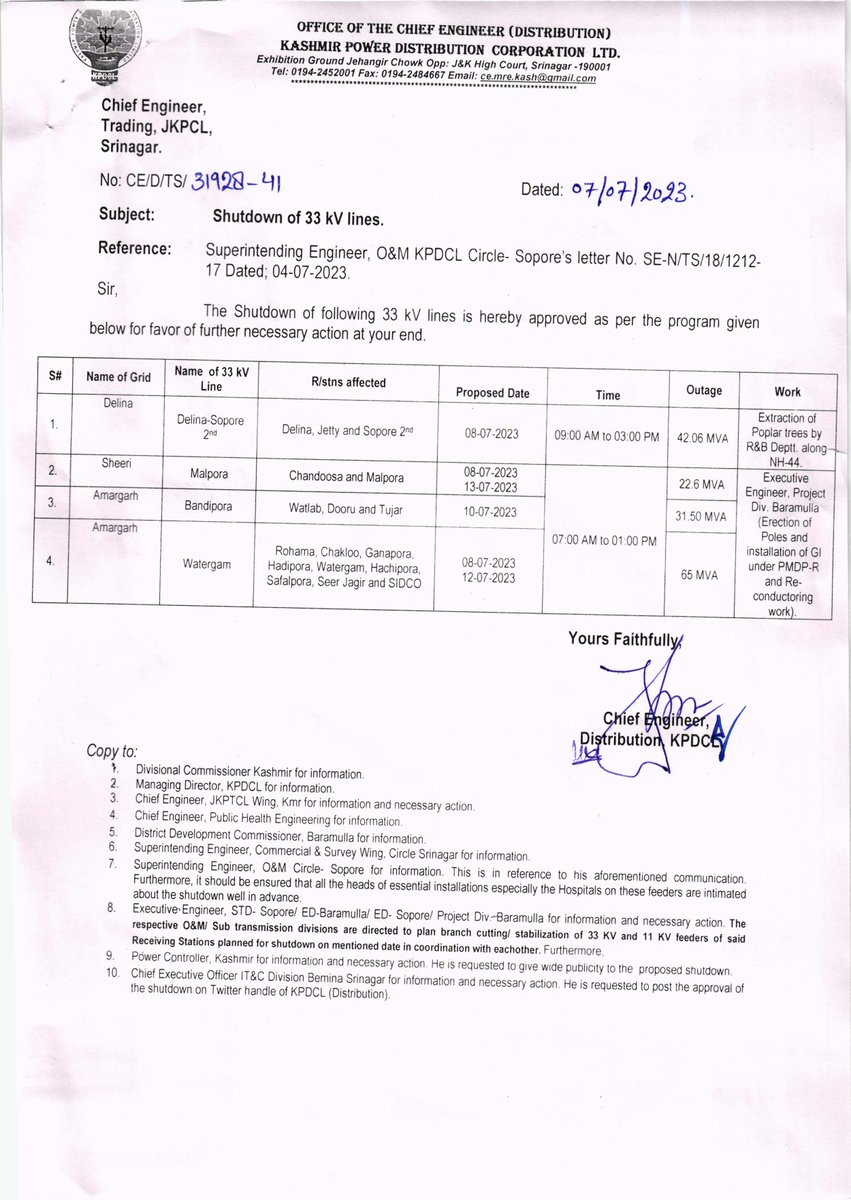 kpdcloffice's tweet photo. Power Shutdown Notice for 33kV Lines of KPDCL.
@diprjk https://t.co/LZgPEzzraY
