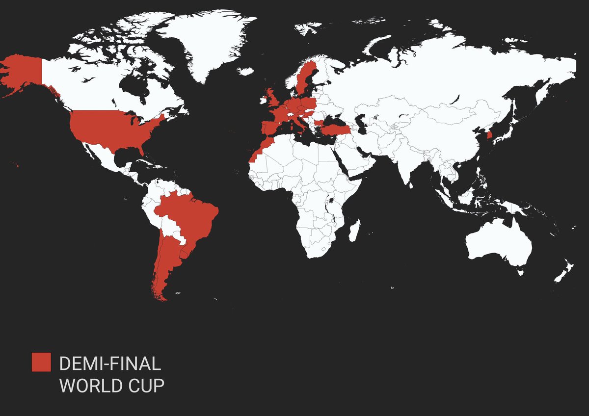 🌍⚽️ Carte des pays ayant déjà atteint les demi-finales d’une coupe du monde de football