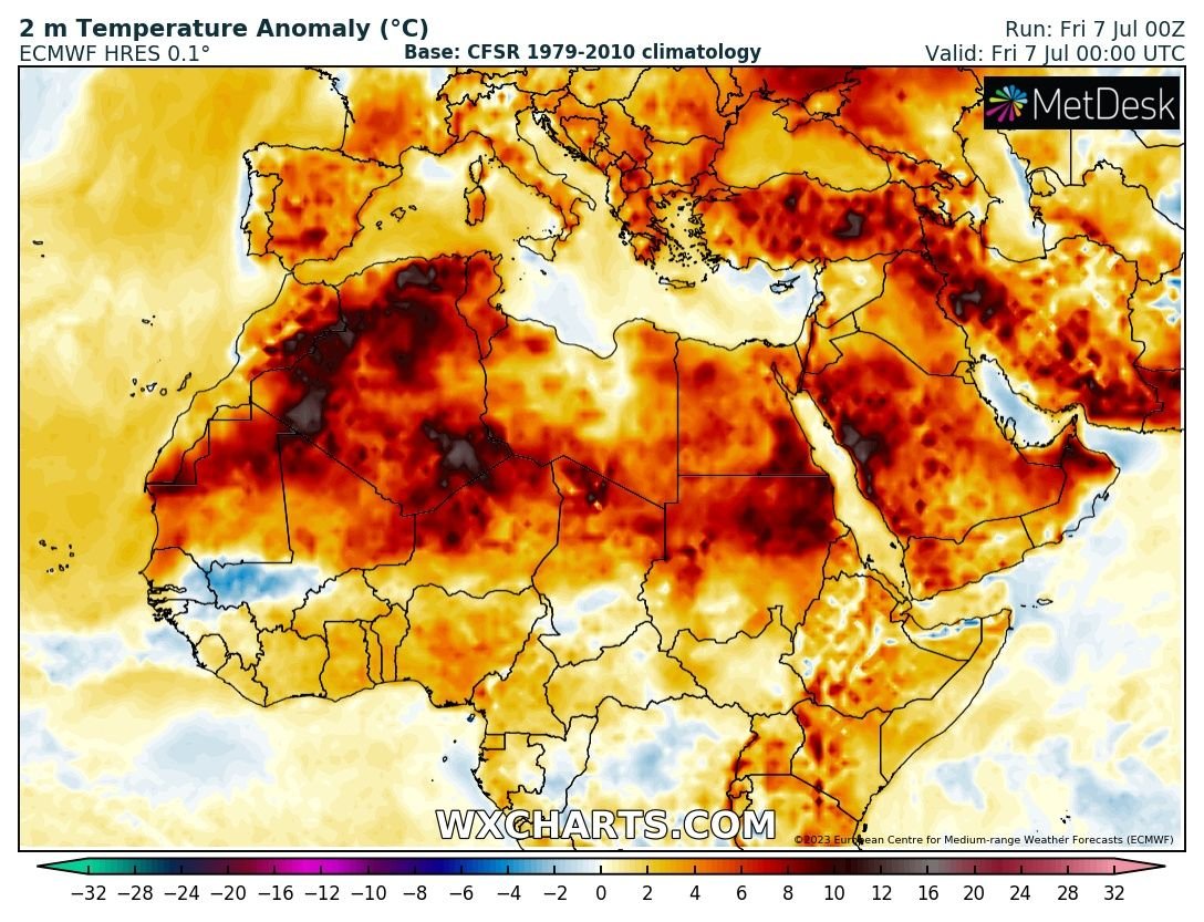 extremetemps's tweet photo. Lots of  extreme heat to report today 7 July:

Insane Min. temp. of 35.6C at Bechar,Algeria 820m asl !

43.8C Errachidia Morocco >1000m asl 0.1C from all time record

Tunisia:46.9C at Jendouba and 45.6C at Bizerte on the coast

46C in Turkey

First 50C of 2023 in Kuwait and Irak https://t.co/AAUsX482k0