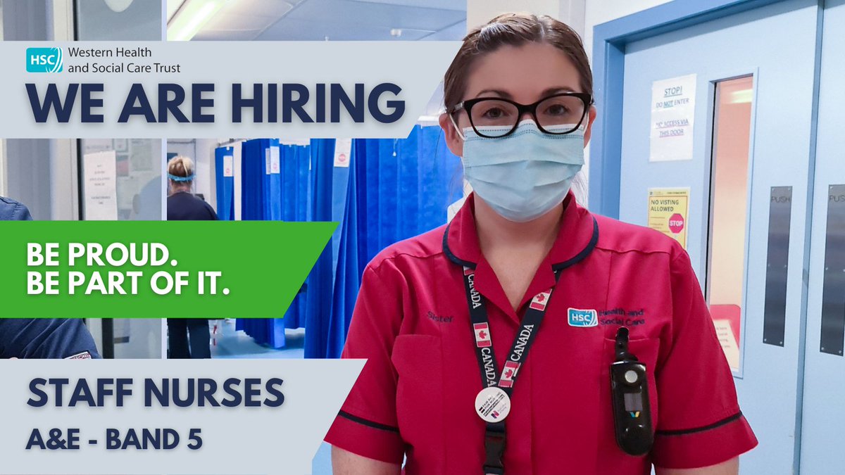 WesternHSCTrust's tweet photo. The Western Health and Social Care Trust are currently seeking applications for Staff Nurse, Band 5 (A&amp;E) posts, based in Altnagelvin Hospital &amp; South West Acute Hospital.  

Full Job Description available, apply online today:
👉 https://t.co/HXjV7C0MjX https://t.co/ghOCtsZcFp