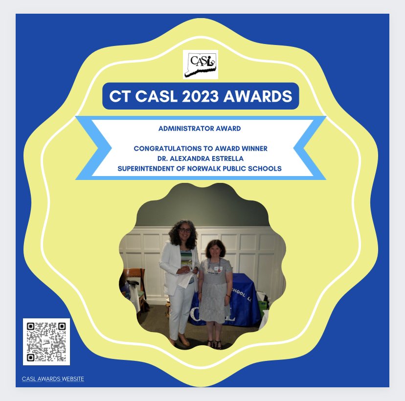 Congratulations to @ctcasl 2023 Administrator Award winner @aestrel3 for supporting & improving media services! @aasl #ctlibraries @MsThomBookitis @technojohnson @jluss @ljbh35 @valdilorenzo @JohnReadLibrary @AGoodLibrarian @KateMCandido @NorwalkPS