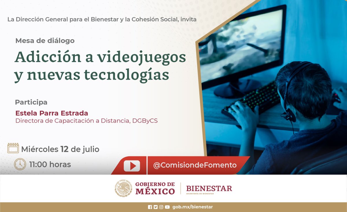 ComisionFomento's tweet photo. 🔎Te esperamos en la mesa de diálogo que coordina la #DGByCS de @bienestarmx abordar"emos el tema de "Adicción a videojuegos y nuevas tecnologías", a cargo de Estela Parra Estrada.
🗓️12 de julio de 2023
⏰11:00 horas centro
📺Através de #YouTube @ComisiondeFomento 👇 https://t.co/PVmmyPW9ws