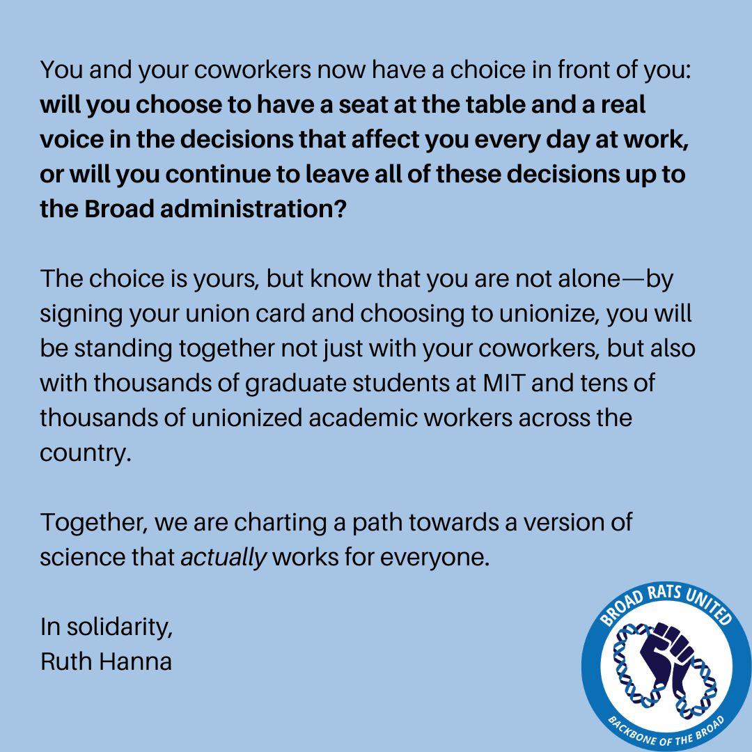 broadratsunited's tweet photo. As an organizer with @MITGradUnion , Ruth has seen first hand what can happen when workers come together to form a union and finally get a seat at the bargaining table.

Thank you Ruth for your solidarity and for sharing your story with our members!

(2/2) https://t.co/HCIzGgZzWS